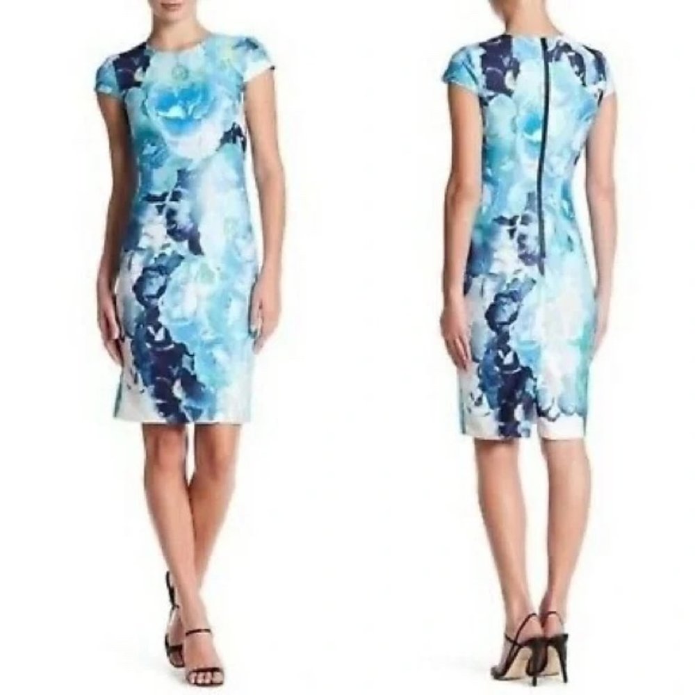 Vince Camuto, Blue Floral Print stretch Sheath Dress, Size 00 (fits like a 0)
